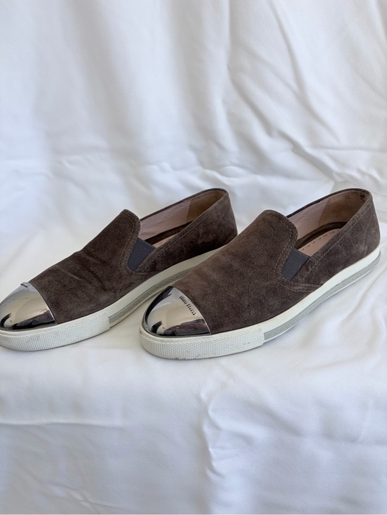 Miu Miu Shoes - Miu Miu Brown Suede Slip-On Sneakers with Silver Mirror Toe Caps